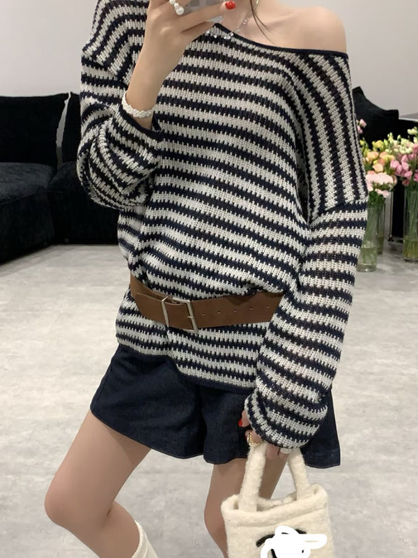 送腰带韩系波浪条纹斜肩长袖薄款针织衫女宽松慵懒风显瘦百搭罩衫|undefined