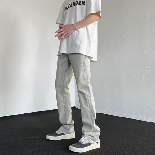 Men's American Retro Vibe Jeans High Street Fashion Brand, Washed, Distressed, Yellow Clay Dye, Flared Pants, 2024