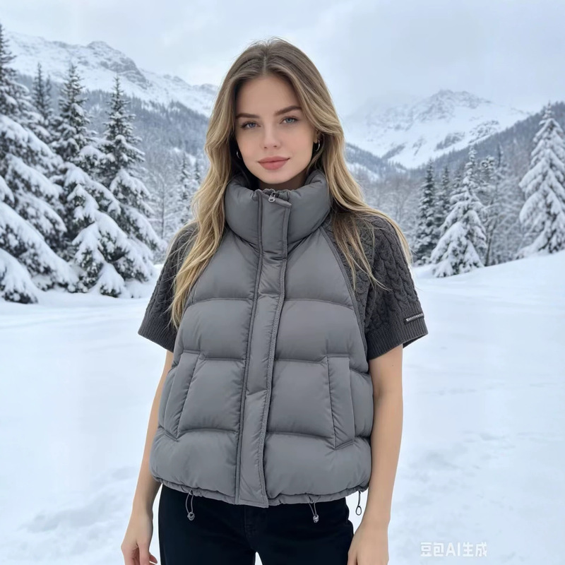 Cross-Border Autumn and Winter New Style Stand-Collar down Jacket Women's Vest with Fashionable Design, Knitted Faux Two-Piece Coat Vest Trendy