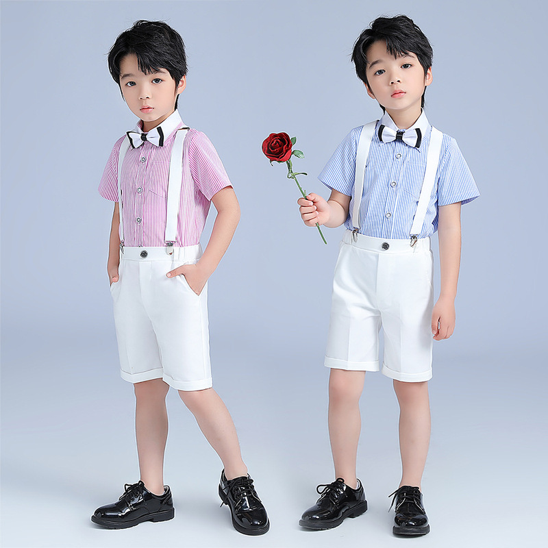 Children's Suit for Children's Children's Summer Short-sleeved Suspenders Suit Striped College Chorus Speech Piano Performance