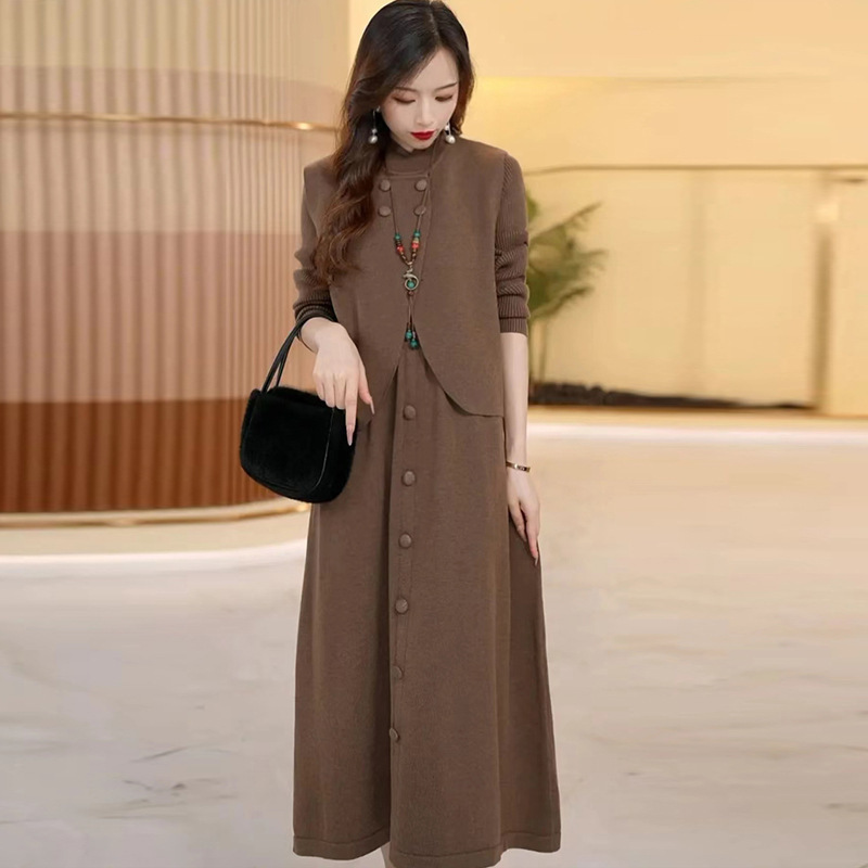 봄 가을과 겨울 새로운 외국 스타일의 어머니 하이 엔드 절묘한 우아한 투피스 세트 슬리밍 니트 울 원피스 여성