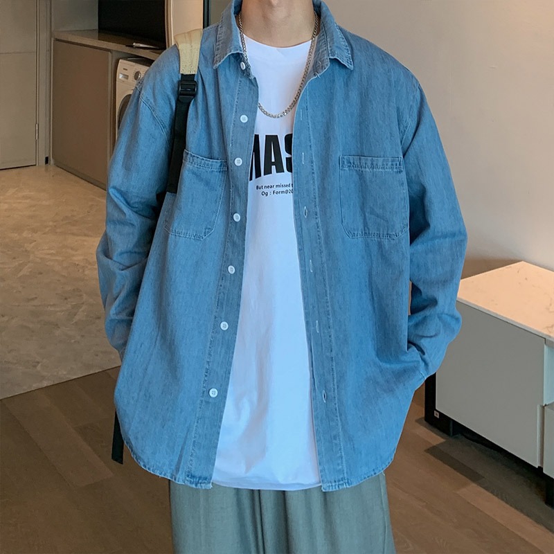 Denim Long-sleeved Shirt Men's Summer American Style Korean Style Simple Casual Shirt Hong Kong Style Loose All-match Jacket for Teenagers