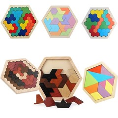 Wooden Hexagon Intelligence Geometric Puzzle Honeycomb Board for Kindergarten Babies and Children Tangram Toy