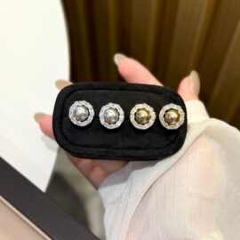 s999纯银银针真多麻灰施家珍珠耳环满钻花圃耳钉女轻奢高级感耳饰