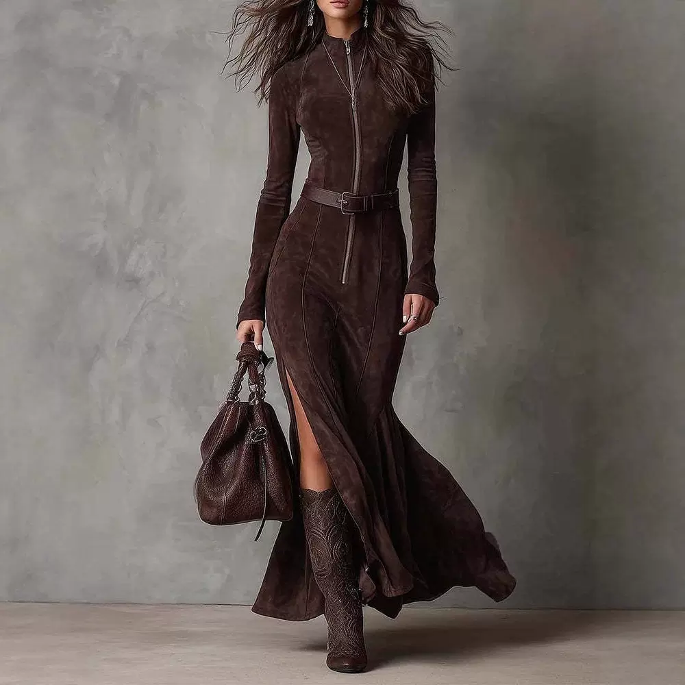 2026现货高品质双面羊绒新品欧美时尚新款优雅气质拉链立领连衣裙