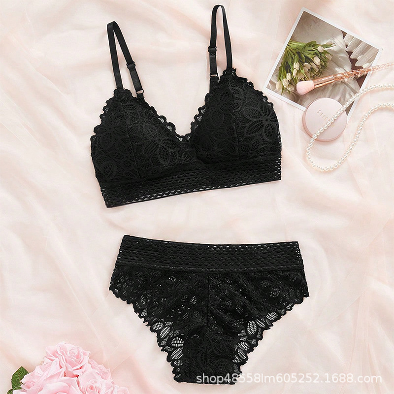 Cross-Border European and American Style Sexy Lace Bra Set Hollow Black Lingerie Women's Briefs Amazon Push-Up