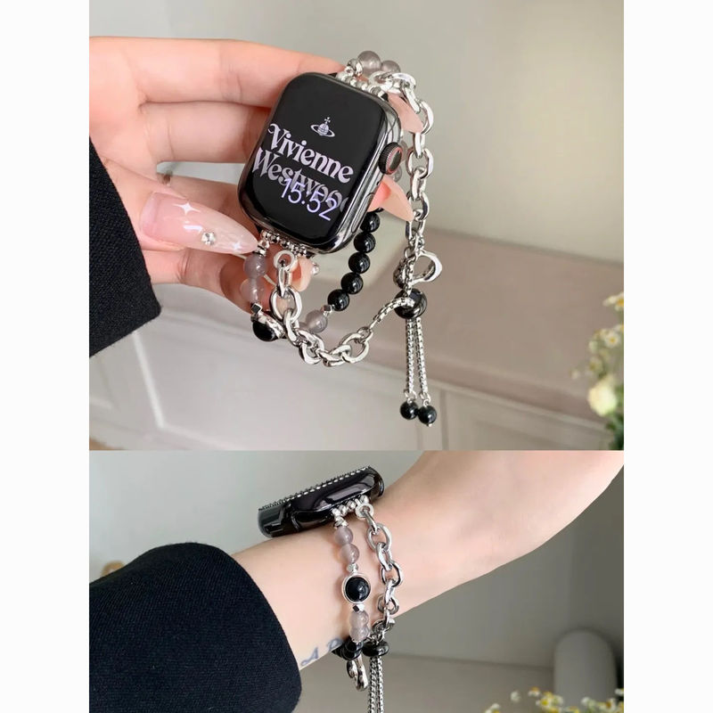 Ins Applicable ApplewatchS10Ultra Strap Apple Watch 98765 Metal Heart Crystal Pearl Chain