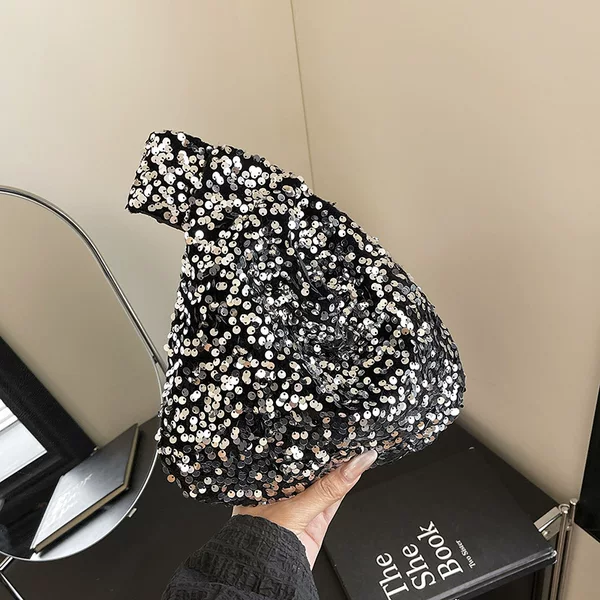 Starry Sky Bling Bling Sequin Wrist Bag, Artistic and Fashionable Knotted Handbag, 2025 New Evening Bag