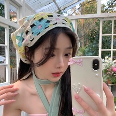 French Retro Headscarf Spring Outing Sweet and Cute Lace Crochet Bohemian Knitted Hairband Hot Girl Triangular Scarf