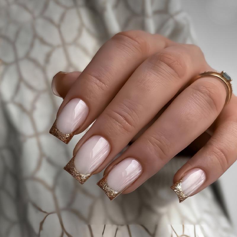 Cross-Border Chinese Gold Glitter French Glossy Press-On Fake Nails Fashionable and Simple Removable Wearable Nails Cross-Border Chinese Gold Glitter French Glossy Press-On Fake Nails Fashionable and Simple Removable Wearable Nails