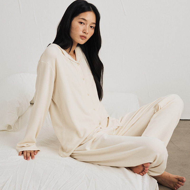 秋冬海藻纤维家居服女防螨保湿纯色纽扣开衫长袖高端舒适外穿睡衣