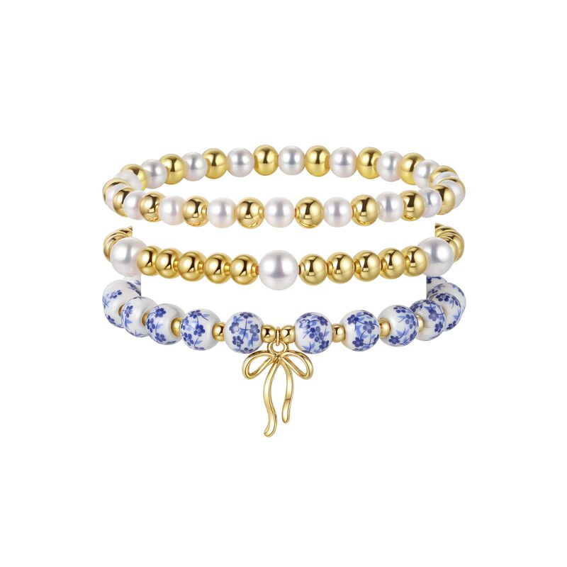 Ceramic Bead Bracelet Three-Piece Set White Pearl Gold Round Bead Bow Pendant Bowknot Pearl Porcelain Bead Bracelet