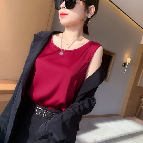 French silk camisole top for women, round neck, base layer, suitable for suits, mulberry silk satin surface, draped, spring summer outerwear, plus size