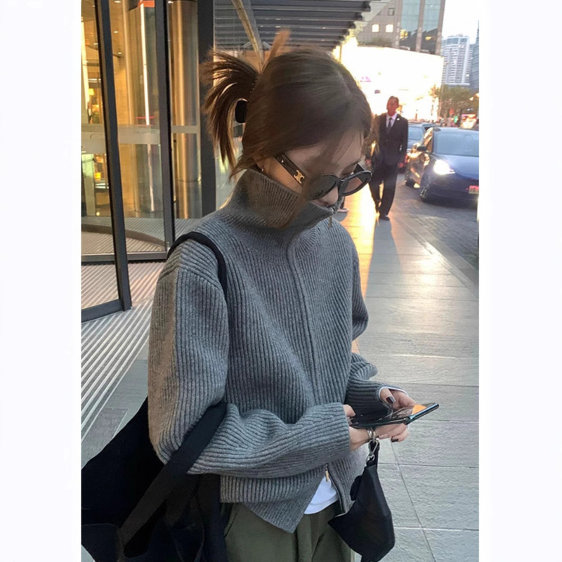 Korean Style Retro Double Zipper Turtleneck Knitted Cardigan Women's Autumn and Winter Lazy Style Design Sense Casual All-match Lapel Sweater