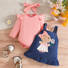 2025年秋冬婴幼儿童卡通小熊背带直筒裙长袖三角连体衣发带套装