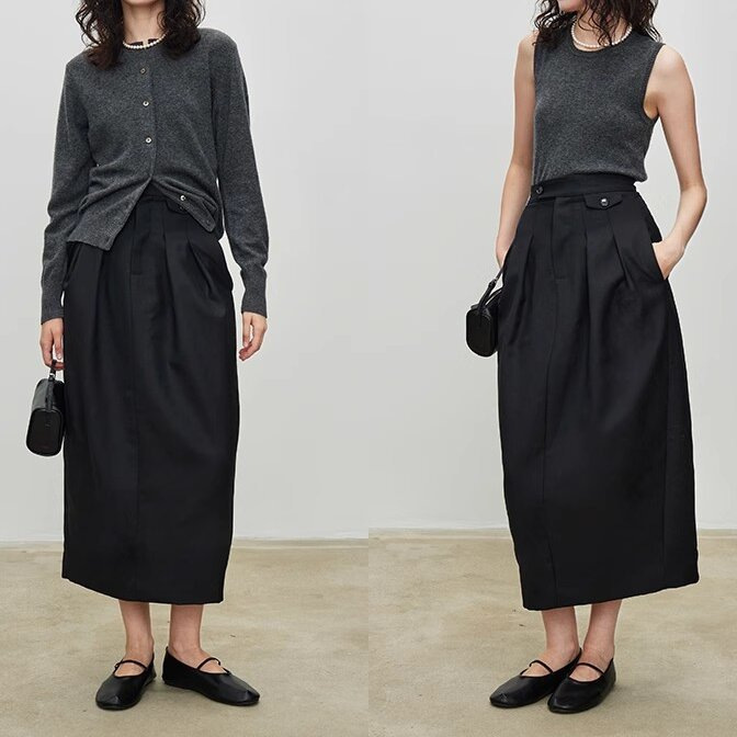 Spot New Spring and Autumn Pleated Bud High Waist Ankle Length Suit Skirt for Women