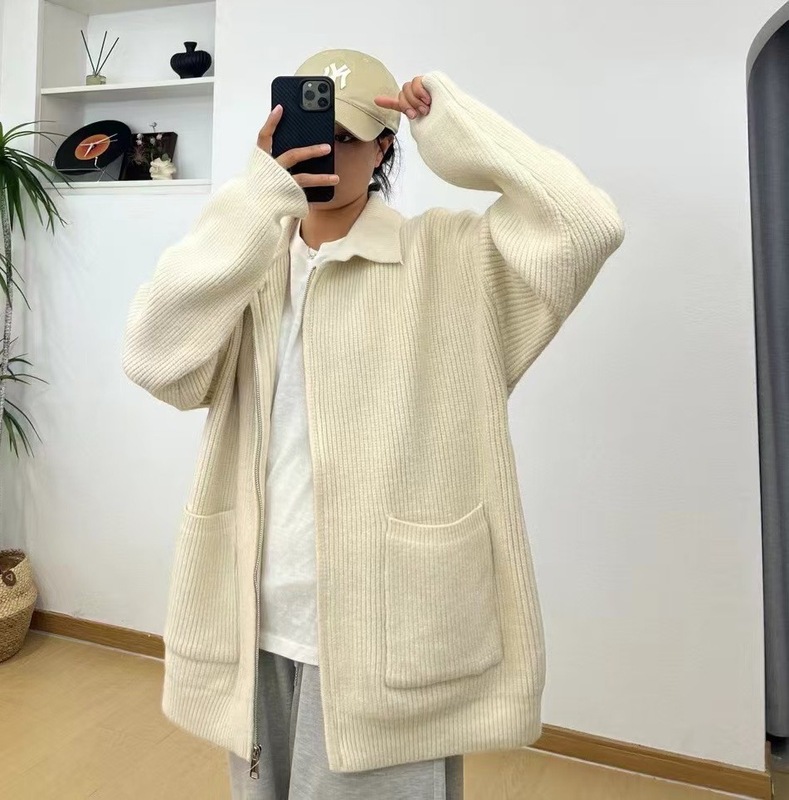 高级感慵懒风翻领拉链针织开衫女秋冬新款宽松软糯厚毛衣外套上衣|undefined