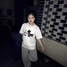 纯棉短袖T恤衫女印花半袖体恤上衣服黑白手绘专柜纯棉春夏款韩系