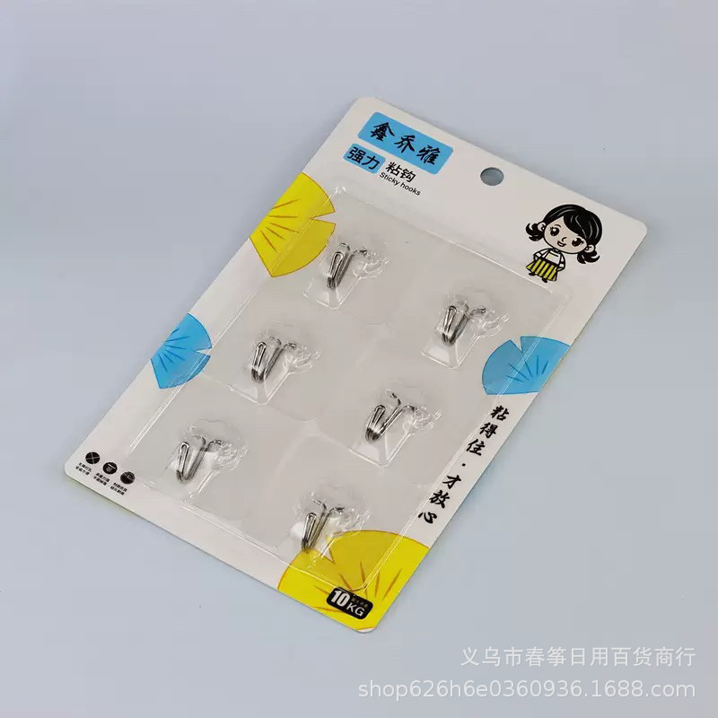 6-pack of square adhesive hooks, transparent nano-strong adhesive hooks, high-adhesion hooks, no-drill wall hooks for hanging clothes
