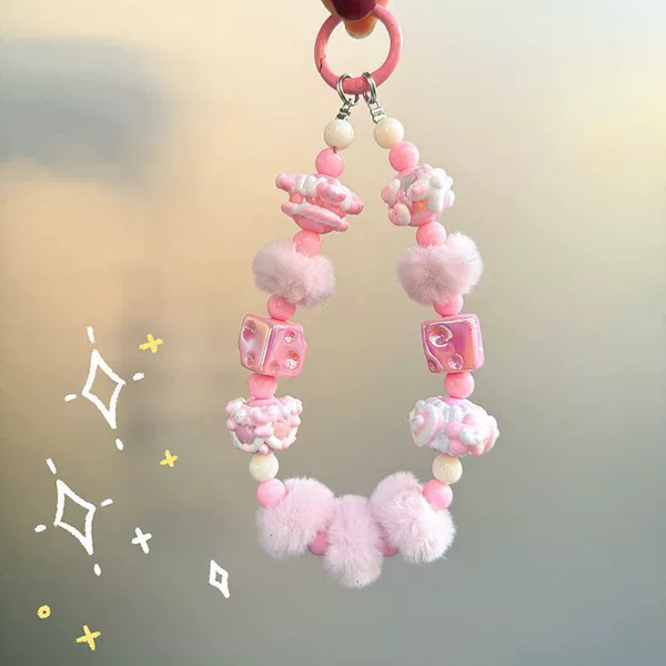 Cheese plush skewers pink (random hand-painted bead pattern)