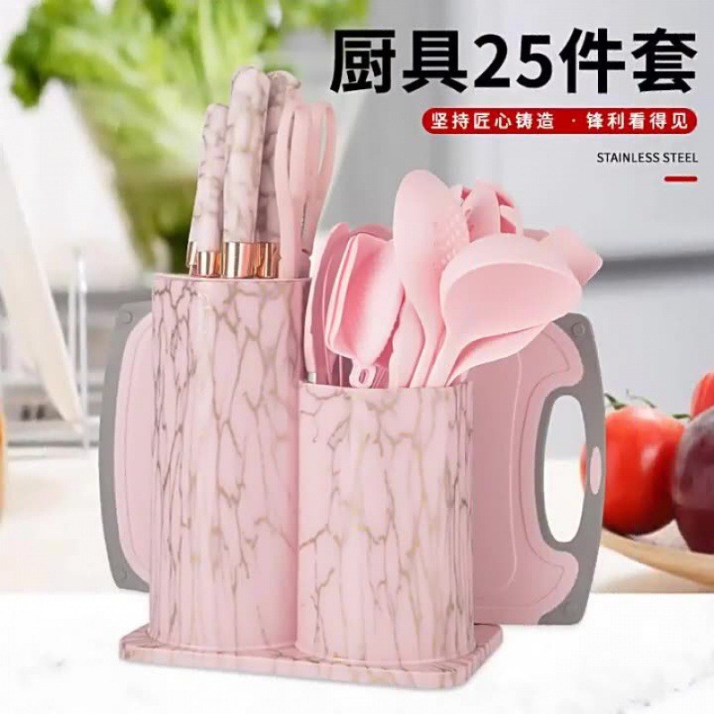 Venta caliente transfronteriza conjunto de cuchillos de 25 piezas traje de silicona pala cuchara de cocina de acero inoxidable cuchillo con cubo de almacenamiento utensilios de cocina