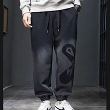 日系潮牌印花渐变束脚运动裤男加绒加厚卫裤宽松大码哈伦休闲长裤