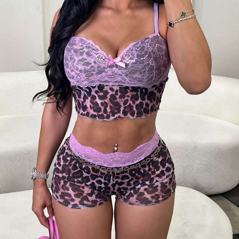 European and American New Style Ins Leopard Print Slim Fit Sexy Lace Patchwork Camisole Top and Shorts Set