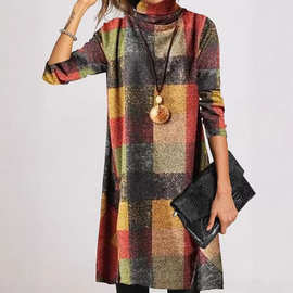 2023秋冬新款复古加厚法国羊绒磨毛高领长袖格纹连衣裙