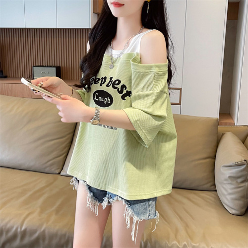 2025 Summer Fashion Off-Shoulder T-Shirt for Women, Korean-Style Loose-Fit Base Top; European & American-Style Loose-Fit Faux Two-Piece Top with Letter Print