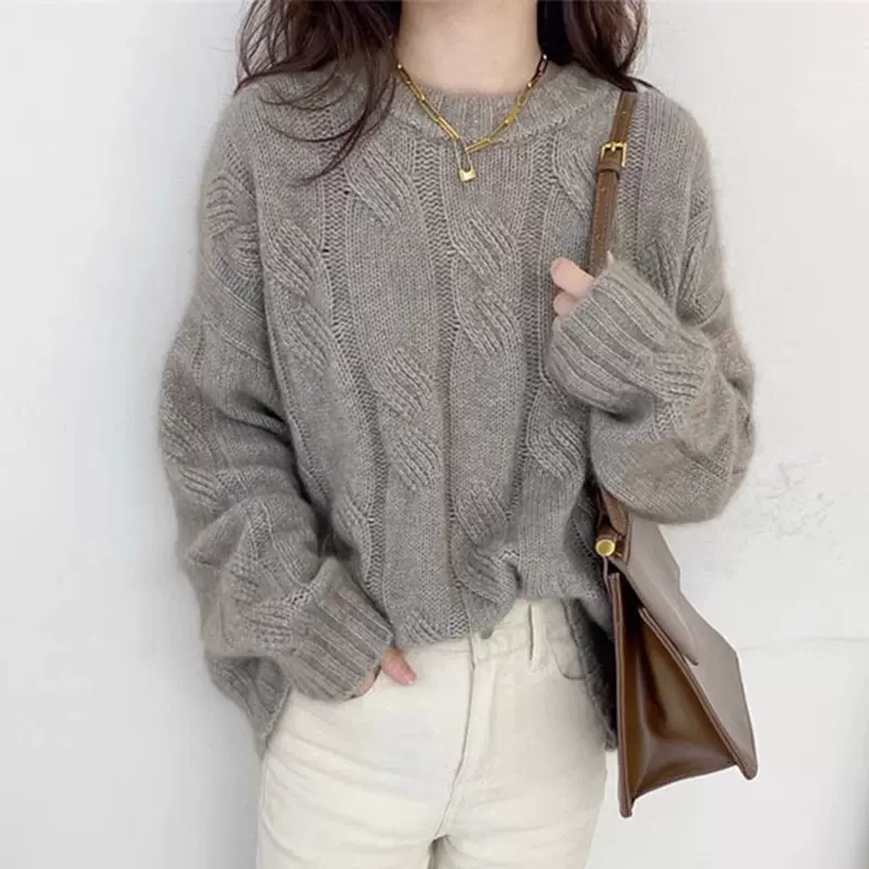 法式秋冬加厚亮丝圆领羊绒针织衫女宽松百搭毛衣气质纯羊毛打底衫