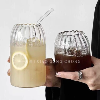 韩式竖条纹玻璃杯子ins高颜值吸管水杯大容量家用耐高温网红杯子