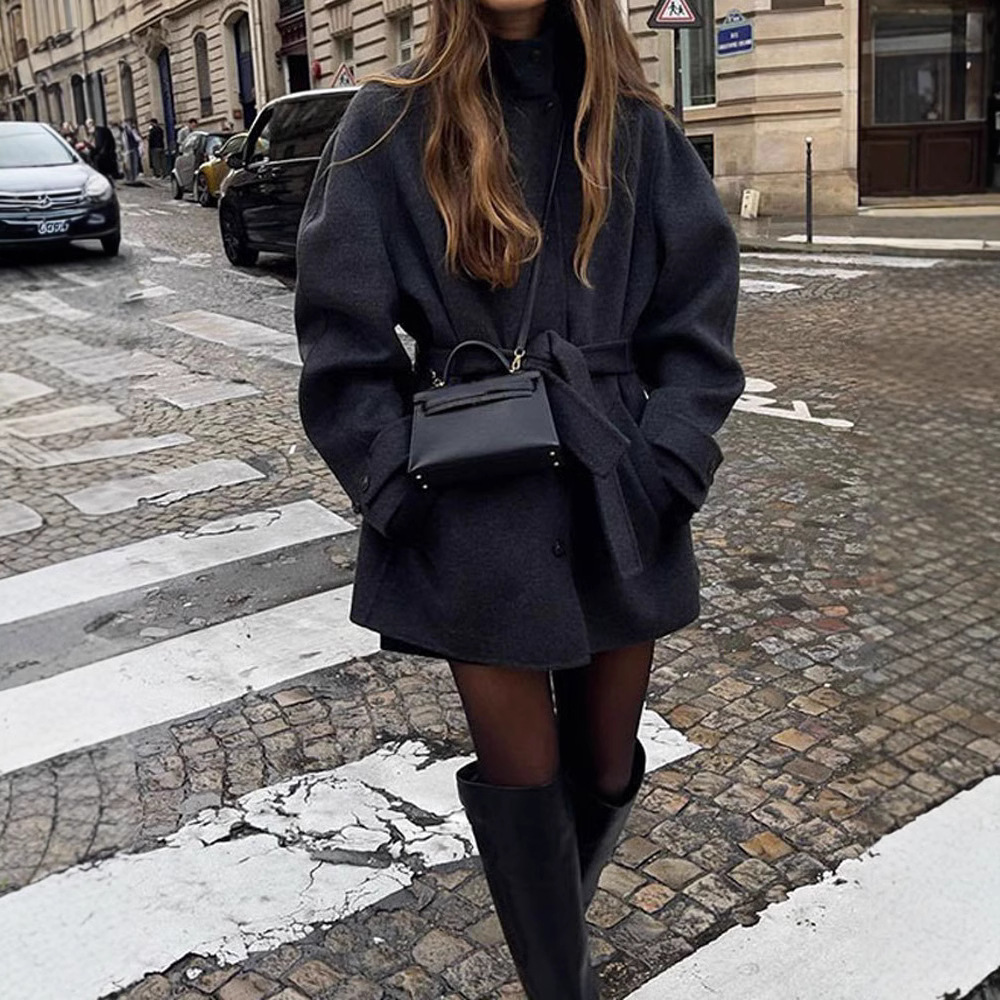 Damkläder Höst och vinter Nytt dambälte Halvhög krage enfärgad yllerock_voghion.com