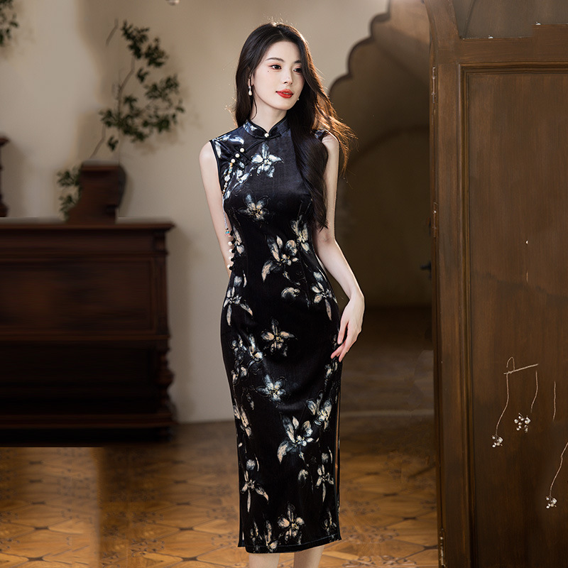 黑色丝绒国风中式长款秋季无袖旗袍改良年轻款女复古修身收腰春秋|undefined