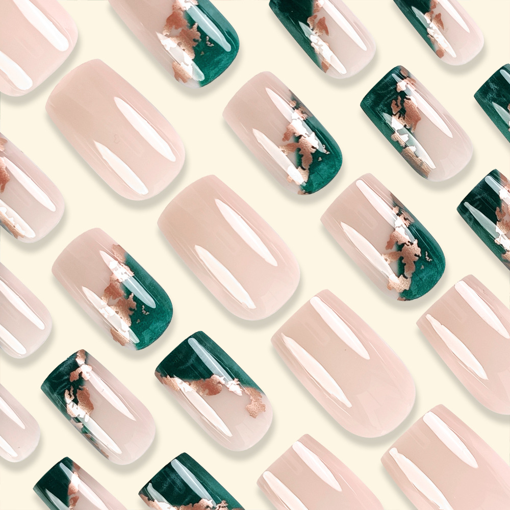 Ventas transfronterizas calientes de uñas de vestir verde esmeralda bordes de oro gradiente de manicure francesa de vestir uñas de prensa en uñas image 4