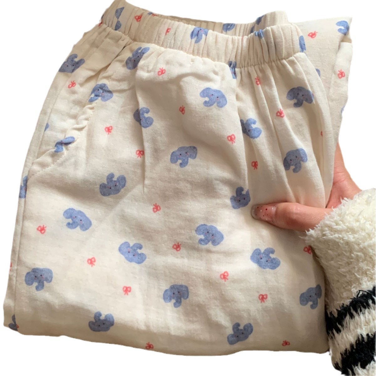 (2개) 새로운  코튼 더블 레이어 원사 2024 가을 겨울 신상품 느긋하고 편안한 포켓 파자마 홈바지 외부 착용 가능