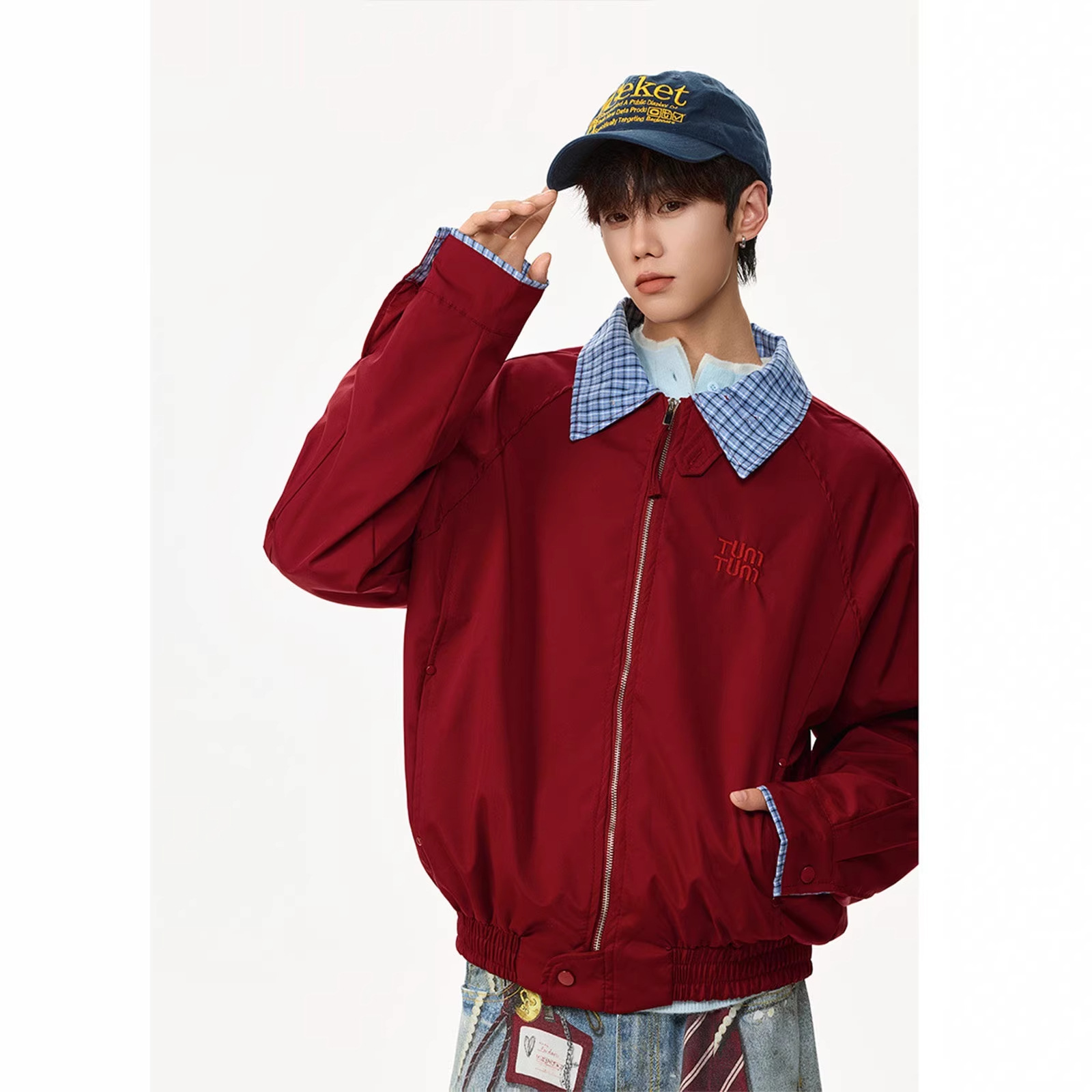 "Old Money Style" Plaid Patchwork Baseball Jacket for Men, Spring Miu Style Loose Fit Faux Two-Piece Workwear Jacket