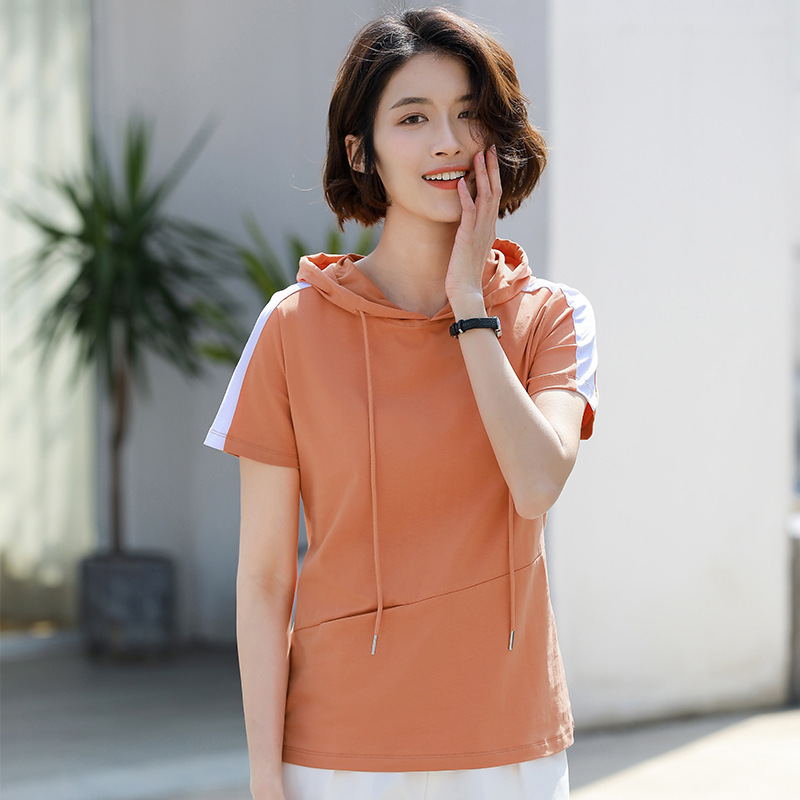Big Sale Summer New Short-Sleeved T-Shirt Women's Hooded Contrasting Color Sports Invisible Flap Pocket Pants Pure Cotton Women's Top 7330