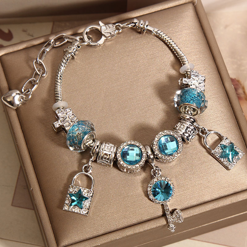 Forest Series Blue Glass Bead Bangle With Key Lock For Women_voghion.com