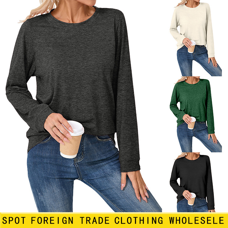 Amazon New Cross-border Long-sleeved T-shirt Autumn and Winter Comfortable Solid Color Foreign Trade Casual Round Neck Top Comfortable T-shirt Women Amazon New Cross-border Long-sleeved T-shirt Autumn and Winter Comfortable Solid Color Foreign Trade Casual Round Neck Top Comfortable T-shirt Women