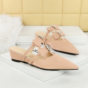 599-30 slope heel height increasing cool mop for women, wearing pointed pearl bow with hollow out nude color, versatile 