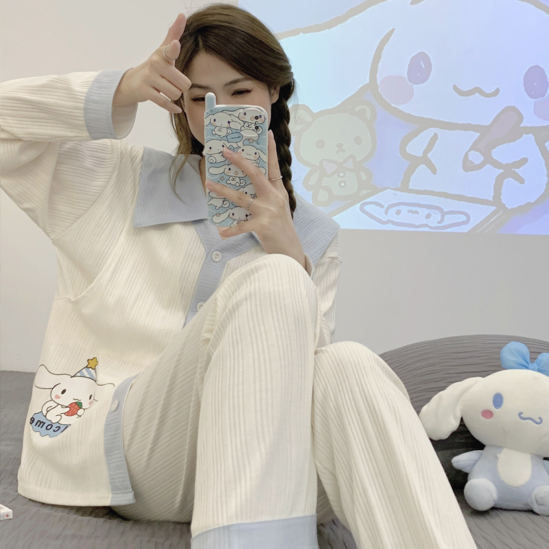 (재고) 새로운 빗질 스트립 6535 면 월간 의류 산후 임산부 잠옷 봄과 가을 간호 잠옷