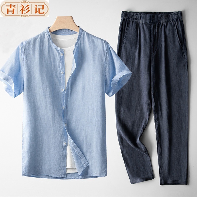 Nuevo conjunto de ropa de lino chino para hombres retro delgado de manga larga estilo chino algodón lino transpirable camisa casual de dos piezas