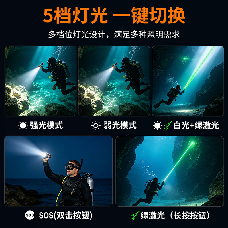 New Cross-Border Magnetic Charging Diving Flashlight with Green Laser for Underwater Guidance, Training, and Photography Lighting