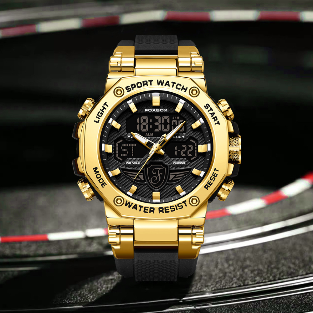 FOXBOX Reloj electrónico de doble pantalla para hombre Reloj electrónico impermeable Reloj despertador cronógrafo luminoso Reloj deportivo para estudiantes 0062