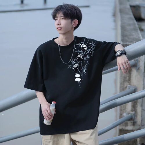 New short-sleeved men's ins fashion brand European and American hip-hop style round collar base shirt top summer creative panda print t-shirt