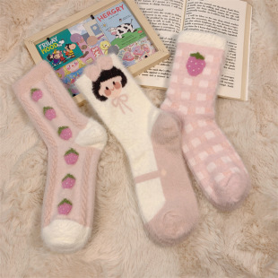 Rabbit velvet socks women's autumn and winter thick warm socks floor socks plush velvet soft breathable pink strawberry girls socks
