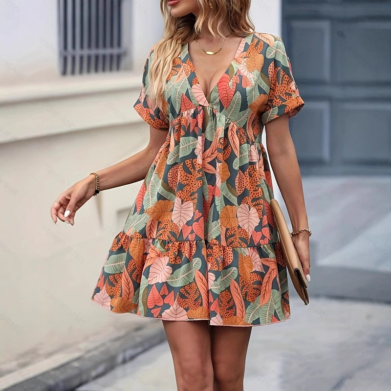 Summer Cross Border Bat Wing Sleeve and Ruffled Hem Tropical Print Blouse Elegant Girl's dress