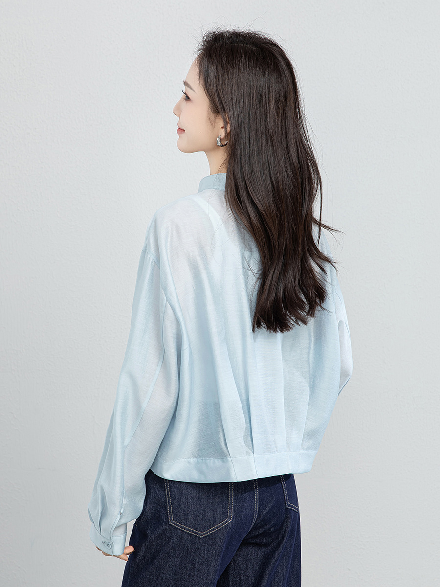 Áo khoác sơ mi ngắn tay nữ chất liệu linen pha acetate mùa hè dáng rộng — Xanh da trờicolor