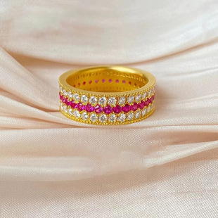 18K Gold Ring Au750 Baby's Breath Red Corundum Three-Row Star Ring Full Diamond Design Accessible Luxury Pair of Tail Rings