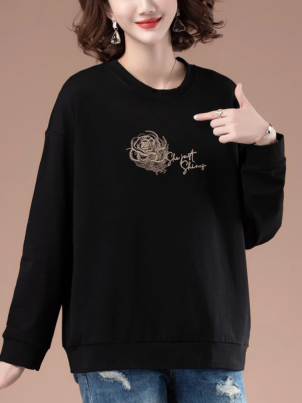 中老年妈妈纯棉卫衣女无帽打底衫春秋薄款长袖百搭加肥加大码上衣|undefined